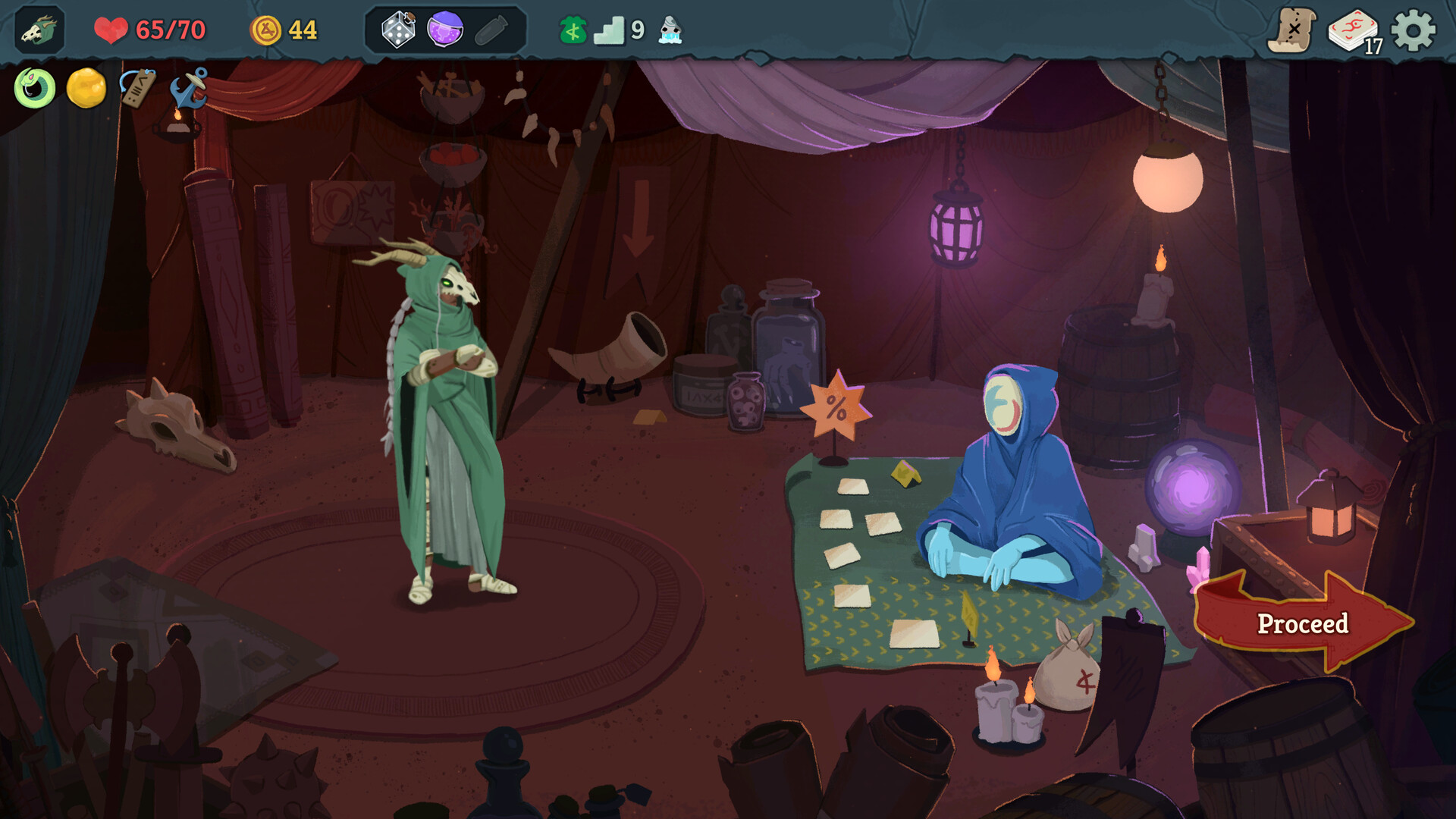 Slay the Spire 2 shop scene with merchant and card removal options