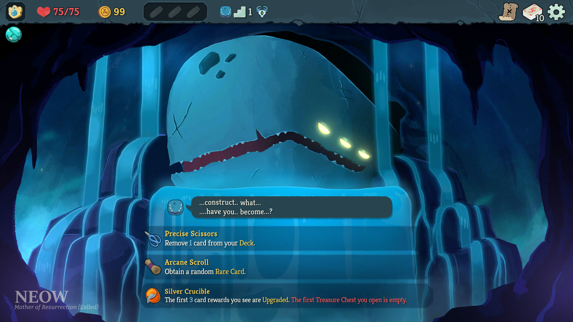 Neow offering blessing choices at the start of a Slay the Spire 2 run